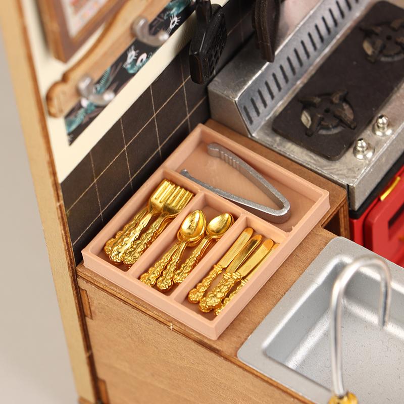 1Set 1:12 Dollhouse Mini Knife Fork Spoon Clips Tableware With Storage Box Dollhouse Kitchen Supplies Utensils Decor Accessories