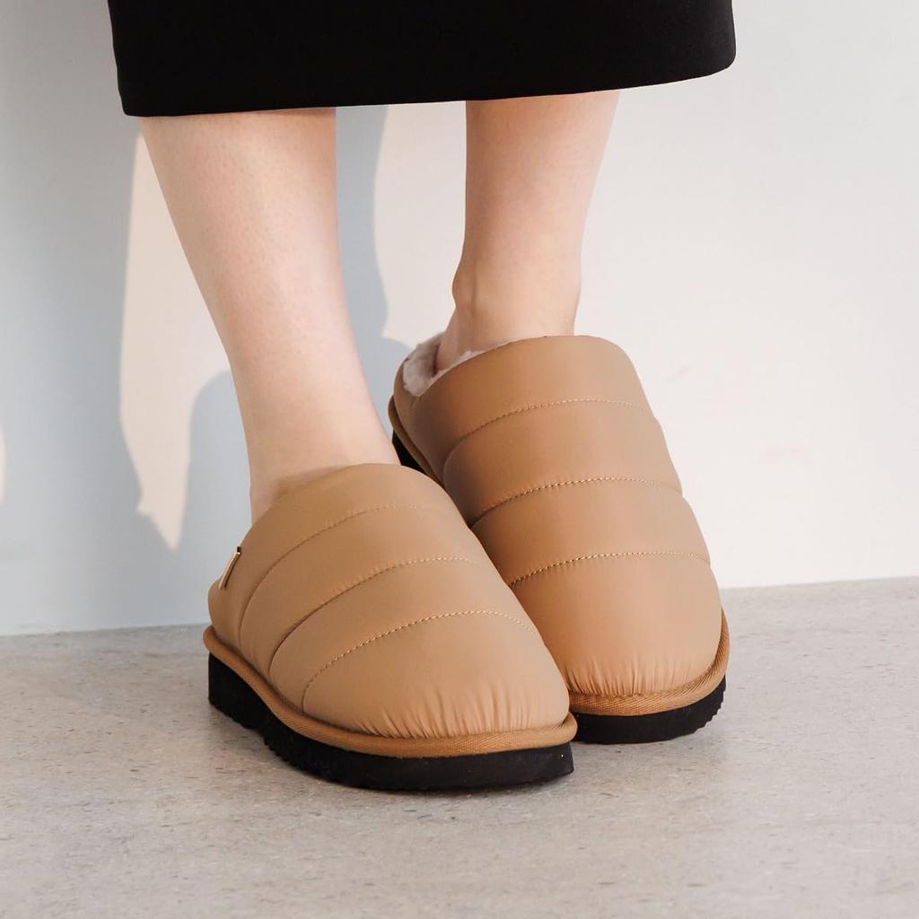 Warm Slip-on Down Sandals for Fall and Winter, HIMIKO Quilted Boa Clogs 640011, Beige, Size M