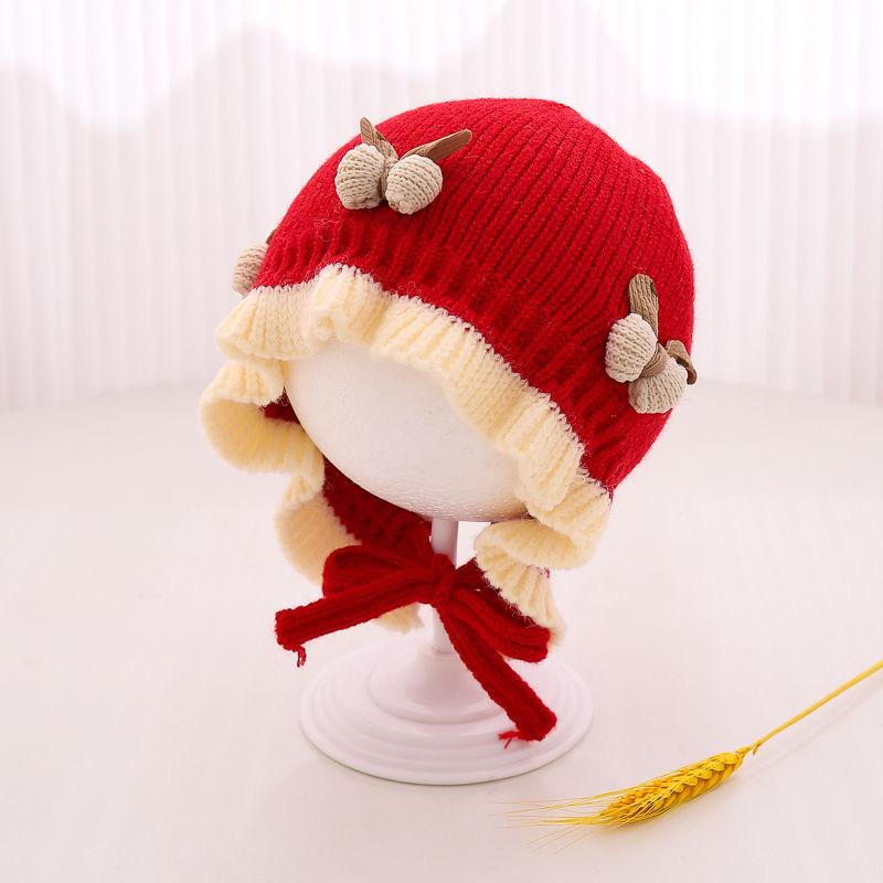Cute Bow Ruffle Baby Hat Winter Thicken Knitted Warm Infant Lacing Cap Solid Color Newborn Girl Ear Protection Bonnet Beanie