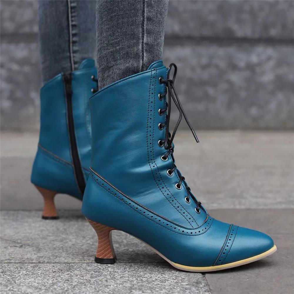 Fashion 2025 New Lace Up Ladies High Heel Shoes Strange Steampunk Boot Victorian Ankle Boots Women Pointed Toe Thick Soled Short Boots