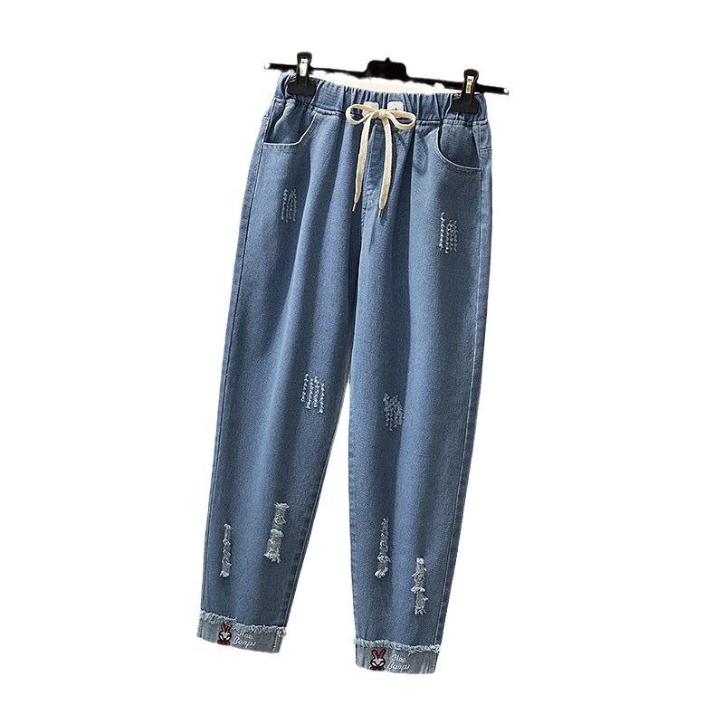 Spring and Autumn Loose Elastic Waist Jeans Women's Embroidered High Waist College Style Harun Straight Pants