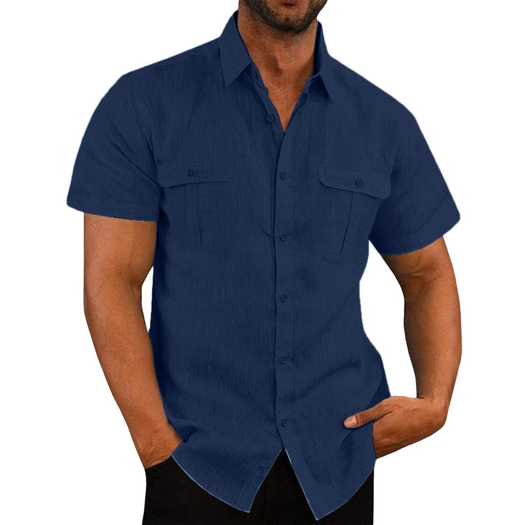 Men's Linen Short Sleeved Casual Shirt Collarless Standing Collar Summer Top
