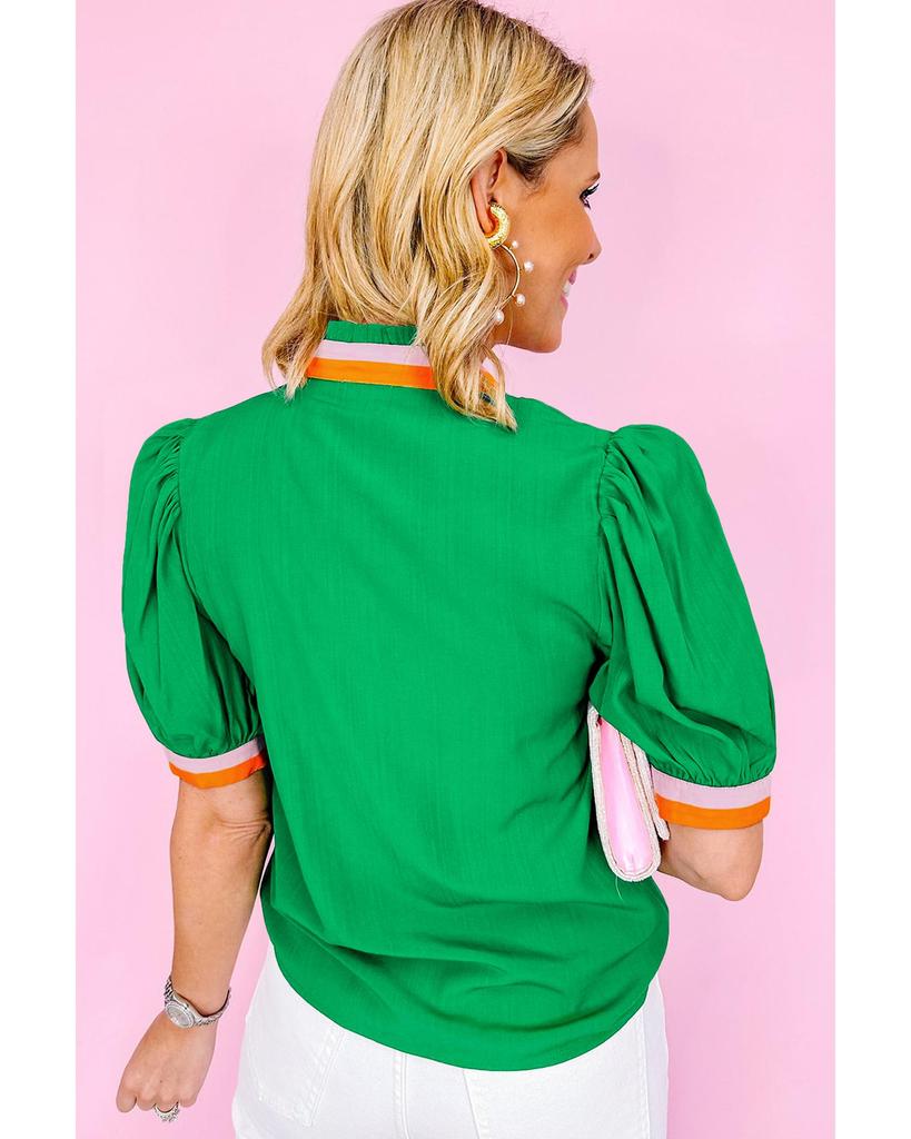 Azura Exchange Bright Green Colorful Trim V Neck Short Sleeve Blouse