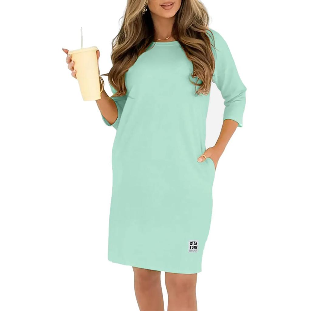 Γυναικείο Μοντέρνο Μονόχρωμο Φόρεμα με Στρογγυλή Λαιμόκοψη, Άνετη Γραμμή