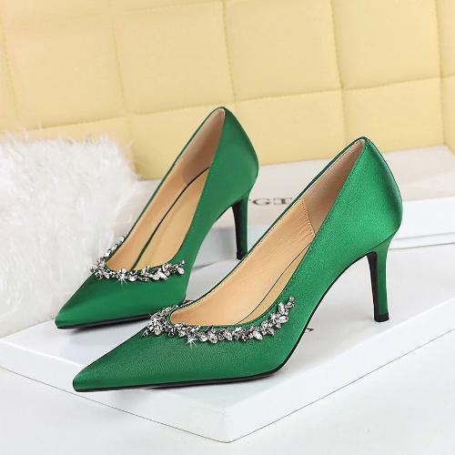 Fashion Elegant Party High Heels Pointed Toe Satin Rhinestone Stiletto Pumps Women Shoes