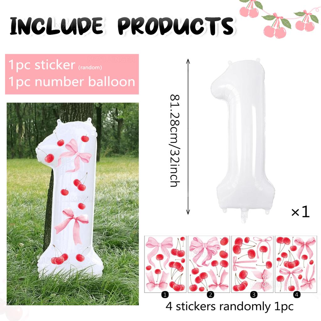 Palloncino digitale bianco da 32 pollici decorato con adesivi di ciliegie e adesivi con fiocchi per feste di compleanno e anniversari