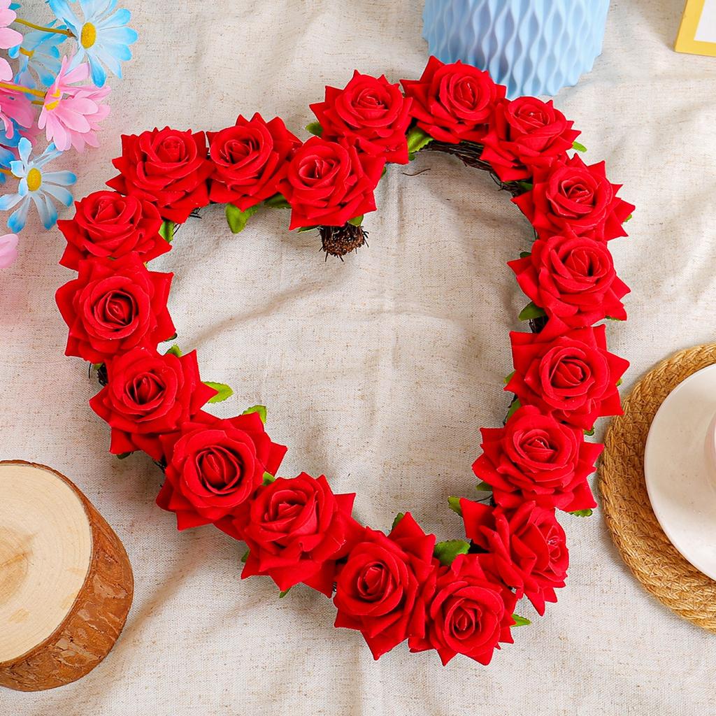 Artificial Rose Wreath Heart Shaped Floral Rose Artificial Garland Door Wreath For Home Party Wedding Valentine's Day Decoration, Red Rose
