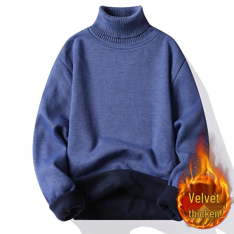 Men's Plus Velvet Thick Knitwear: Wear-Resistant High-End Wool Sweater with Fold-Over Neck.
