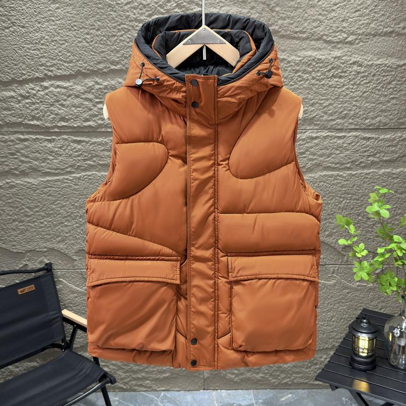 

Осенне-зимний жилет из хлопка для мужчин, модная куртка с открытыми плечами, без рукавов, утолщенная куртка для верховой езды, теплый мужской жилет с капюшоном XL оранжевый