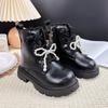 Autumn 2025 Girls' Beaded Bow Martin Boots - Short Leather Fashion Boots for Little Girls