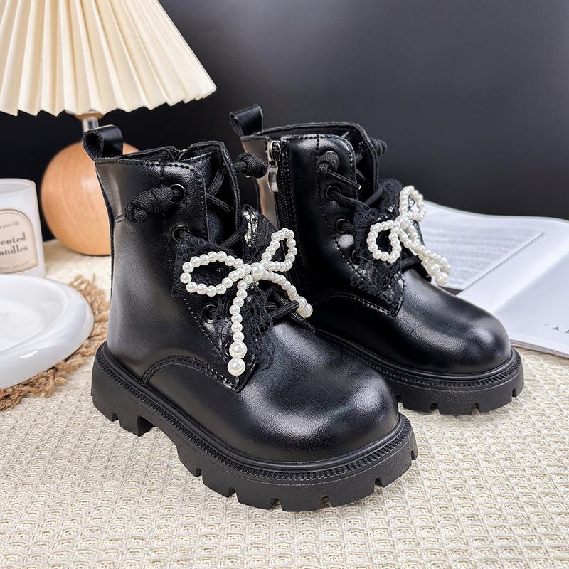 Autumn 2025 Girls' Beaded Bow Martin Boots - Short Leather Fashion Boots for Little Girls