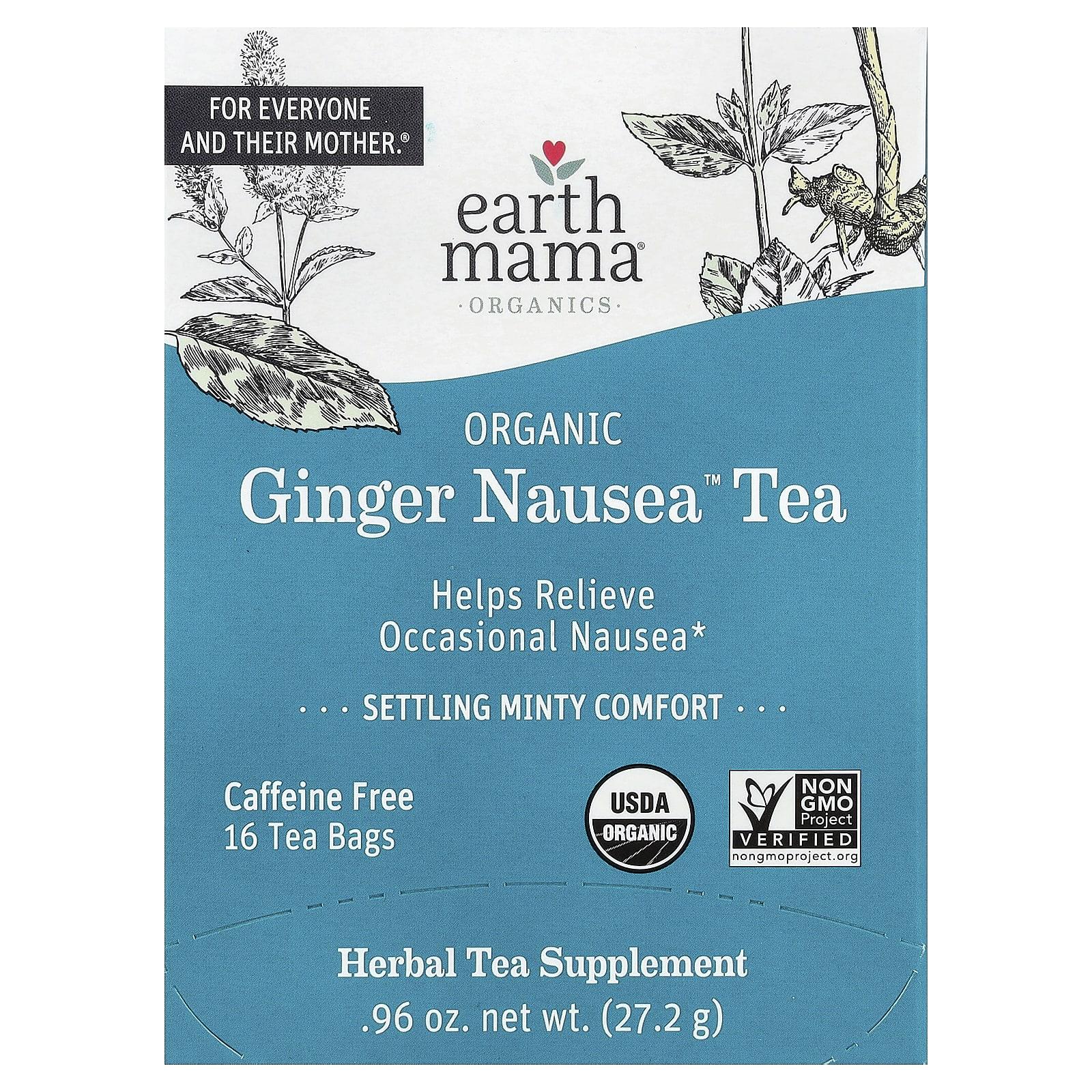 

Earth Mama, Organics, Органический чай от тошноты с имбирем™, Успокаивающий мятный комфорт, Без кофеина, 16 чайных пакетиков, 0,96 унции (27.2 г)