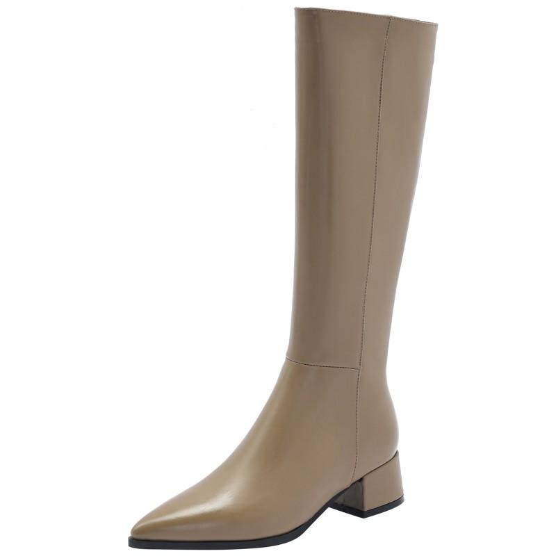 INS Women's Knee High Boots Genuine Leather Low Heel Winter Shoe Ladies Big Size 45 Fashion Zipper Black Khaki Long Chelsea Boot