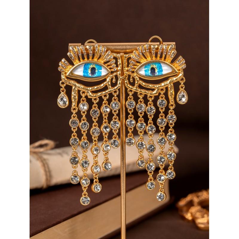 Vintage Crystal Tassel Devil's Eye Earrings Light Luxury Retro High Grade Heavy Duty Earnail Women