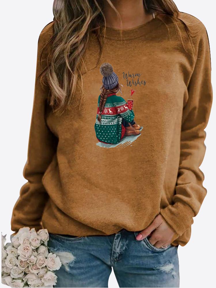 Women Autumn and Winter Clothing Christmas Deer Printed Casual Sweatshirt Long Sleeve Tops T-shirt Ladies Round Neck Pullover Blouse