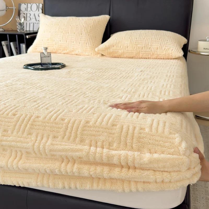3PCS Bedding Set Soft Warm Plush Mattress Protector Cover Thick Milk Velvet Striped Fitted Sheet Fluffy Luxury Bed Cover