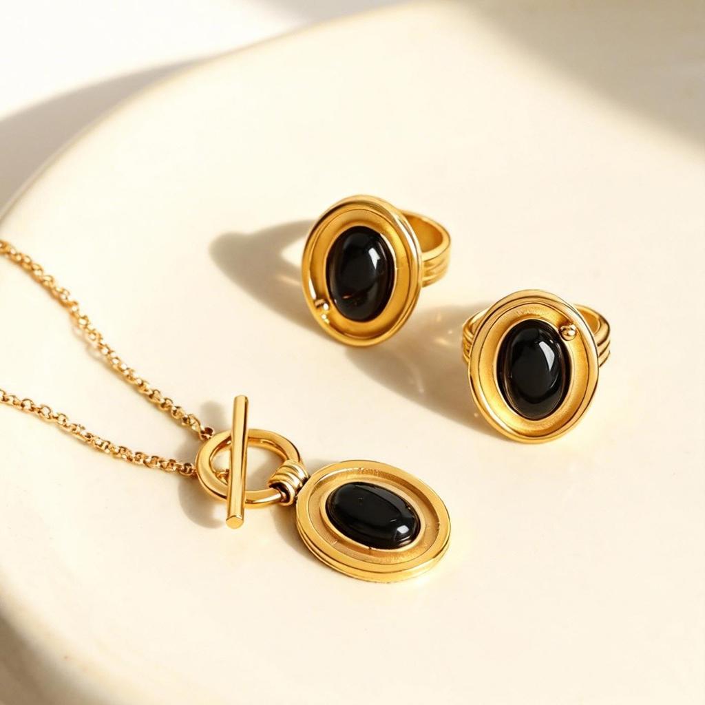 18K Gold Plated Stainless Steel Agate Pendant Necklace & Ring Set with OT Clasp, Elegant & Colorfast Design.