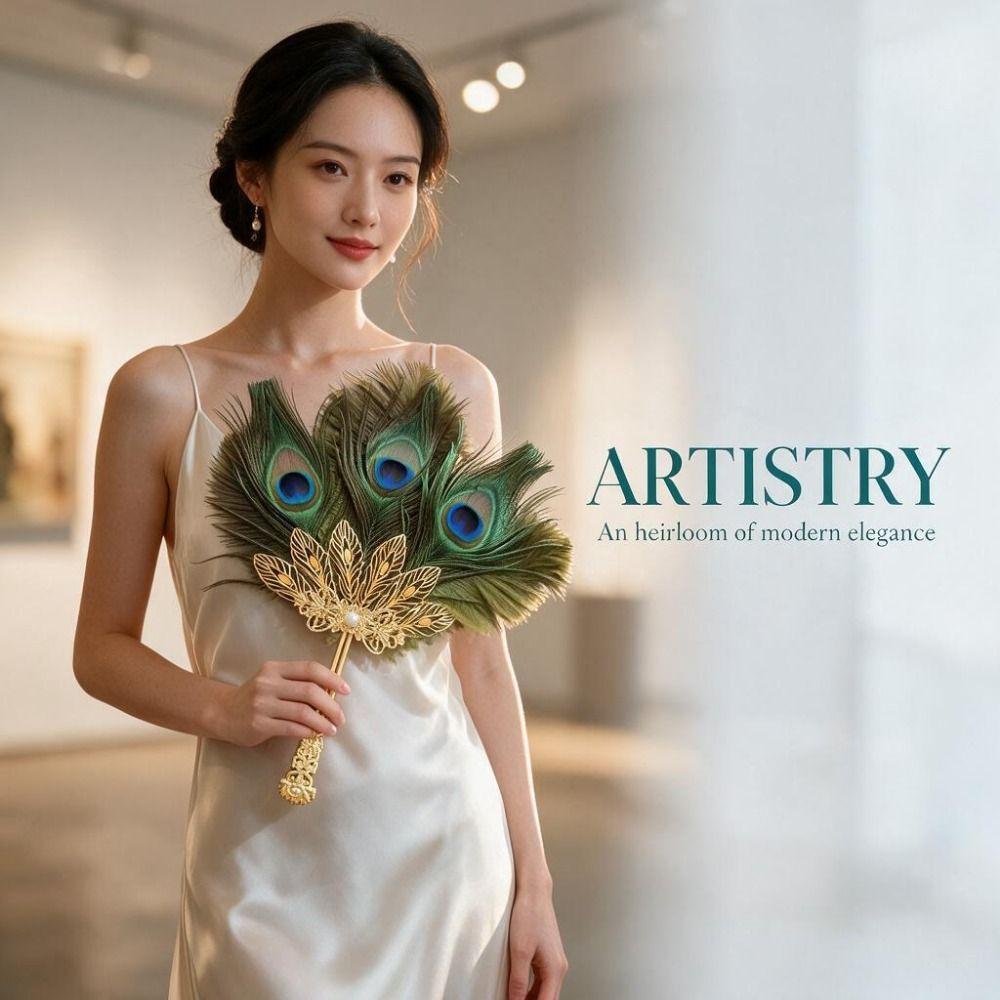 Green Peacock Feather Fan Metal Handle Metal Feather Fan Dance Performance Prop Fan  Dance