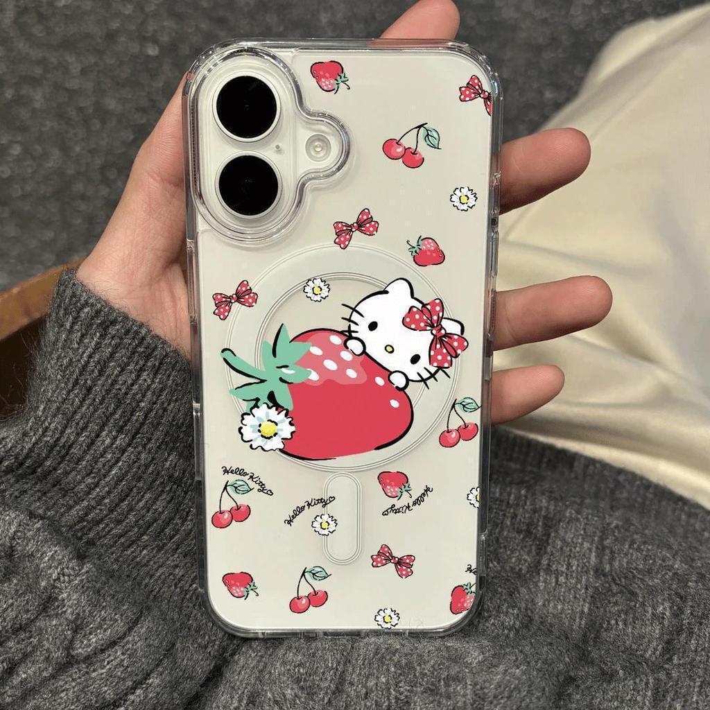 Hello Kitty Strawberry Magnetic Acrylic Case for iPhone 17 Pro Max, 15, 14, 13 Pro, 12
