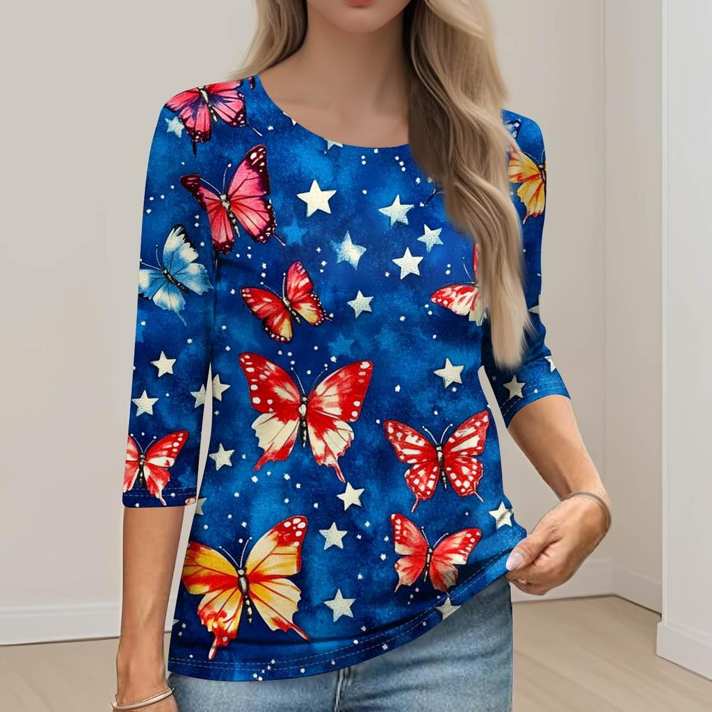 Women's Fashion Casual Round Neck 3/4 Sleeve Loose Printed T-Shirt Ladies Top