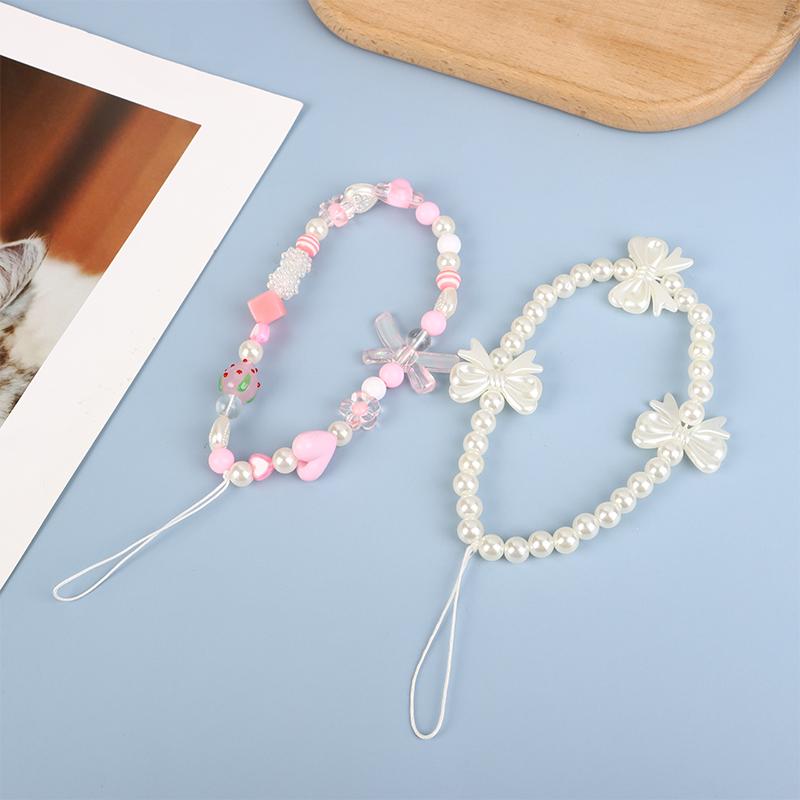 Flori telefon lanț căpșuni mărgele pandantiv farmec dulce bowknot agățat frânghie anti-pierdere curea încheietura mâinii geantă decor