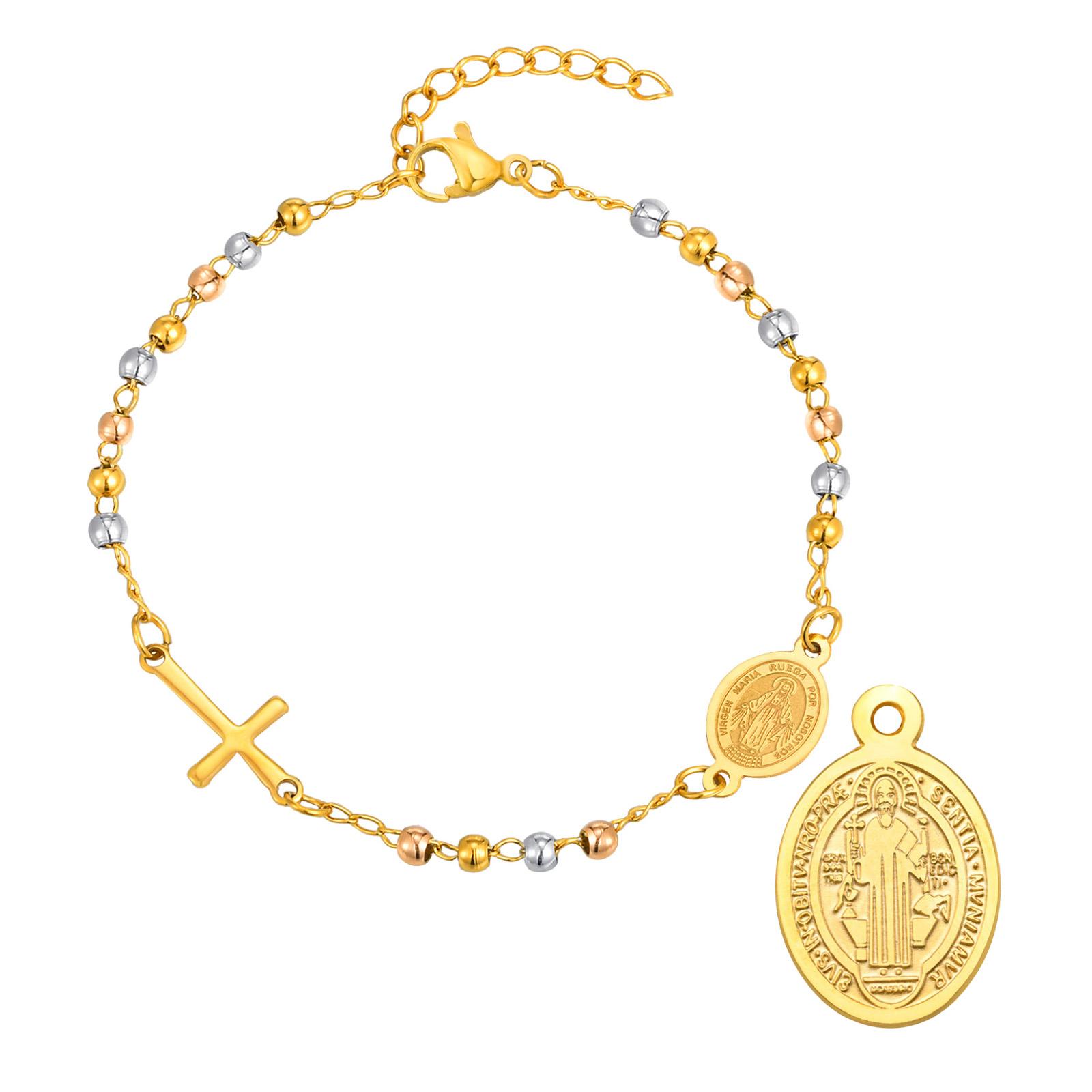 Stainless Steel Virgin Mary St Benedict Cross Bracelet, Bead Chain Bracelet Women Religious Jewelry