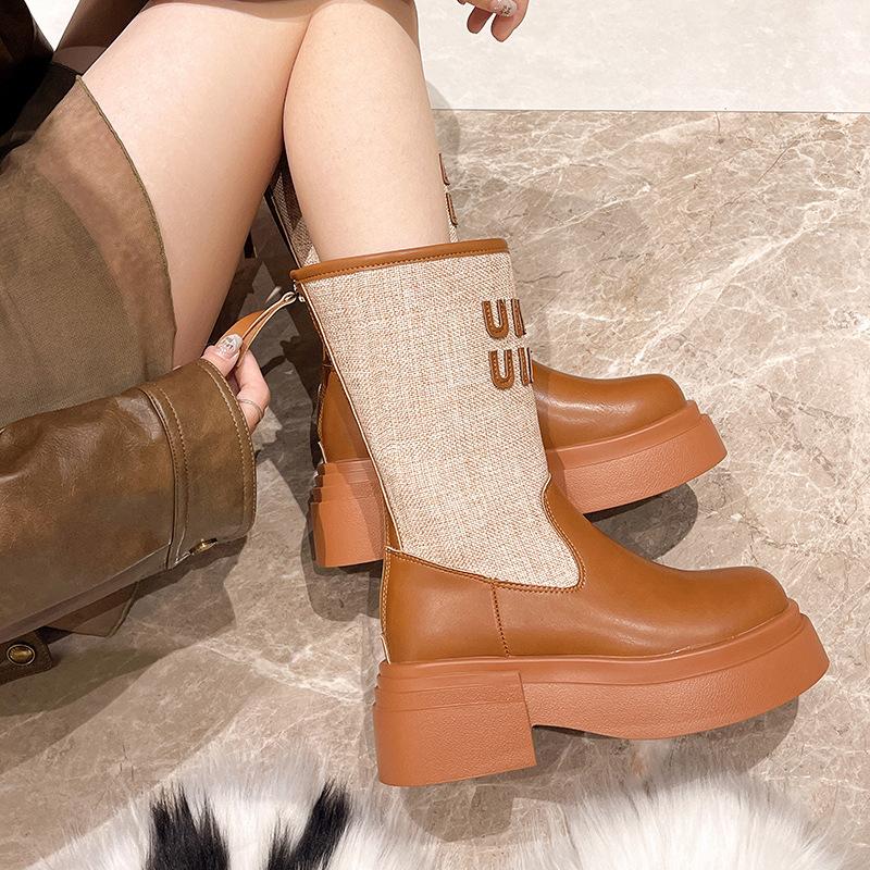 Thick-soled letter boots women's 2024 new western cowboy vacation style heightened and thin medium tube knight boots Martin boots