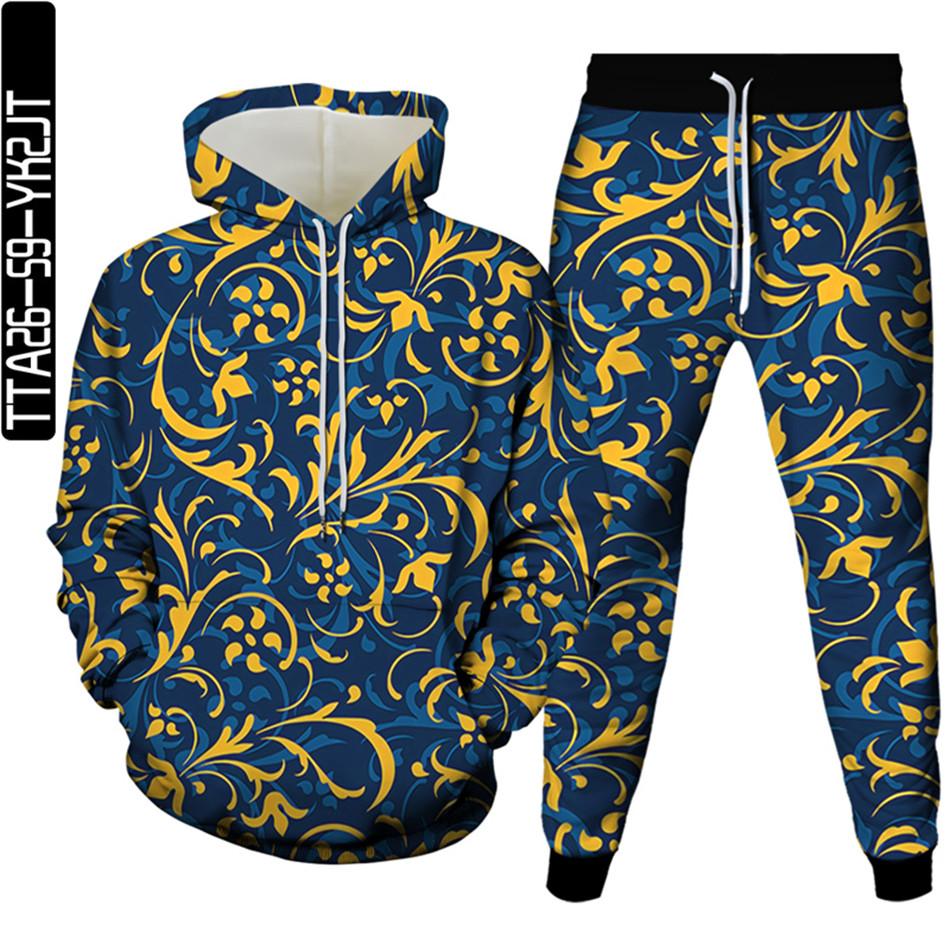 Golden Flowers Male Casual 3D Printed Clothes Sets Luxury Royal Harajuku Autumn Women Hoodies+Trousers 2Pcs Tracksuit Size S-6XL