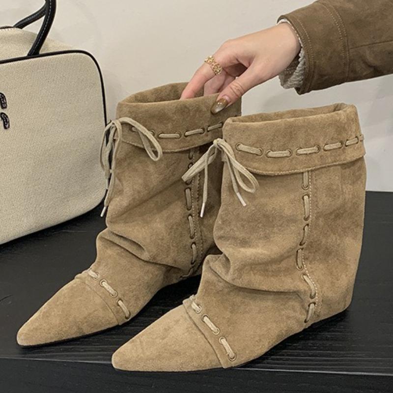 Fashion NEW Punk Vintage Insoles Height Wedges Heels Pointed Toe Women Ankle Boots Autumn Winter Designer Lace-up Dress Ladies Shoes