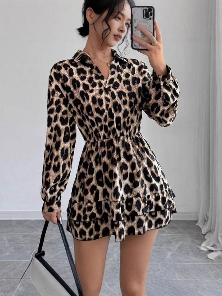 Autumn New Leopard Print V-Neck Long Sleeve Sexy Dress