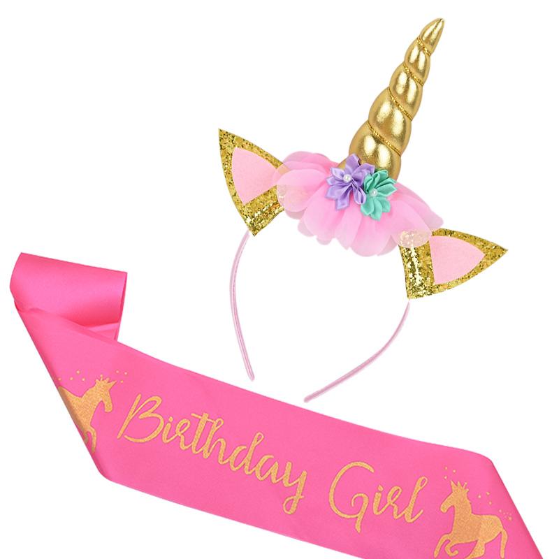 Unicorn Horn Headband Birthday Girl Sash Satin for Girl 1st Birthday Party Decoration Unicorn Theme Party Hair Band Baby Shower