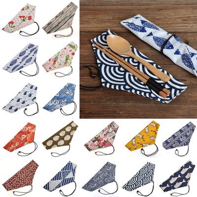 Japanischer Vintage-Druck, Geschirrtasche, tragbar, Baumwollleinen, Essstäbchen, Löffel, Messer, Gabeln, Aufbewahrungstasche, Bestecktasche