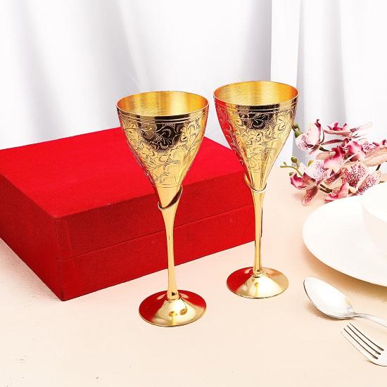 Wine Flutes Engraved Gold Pair Glasses Vintage Handmade Gift Set of 2