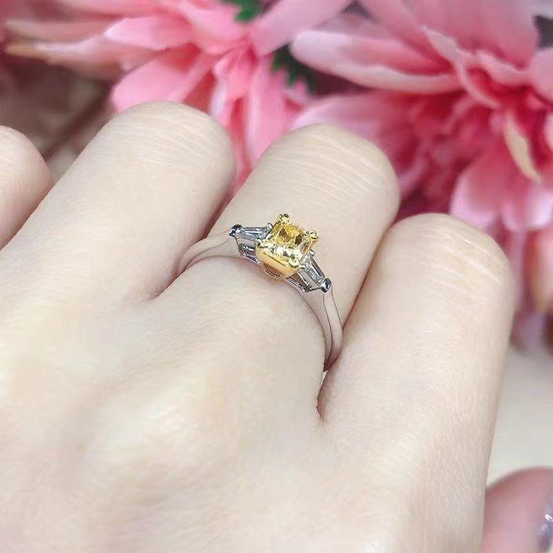 Anillo de mujer, anillo de diamante de color, simulación de tendencia europea y americana para mujer, anillo de diamante amarillo para el dedo índice de la novia, modelo popular