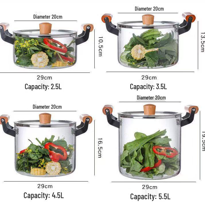 High Borosilicate Glass Soup Pot with Lid for Electric Stoves, Transparent Double Ear, Wood Handle.