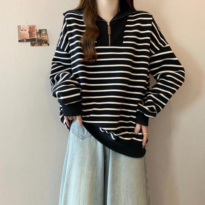 Women's Half-Zip Polo Collar Striped Sweatshirt - Autumn/Winter, Plus Velvet, Korean-Style, Versatile, Loose Fit, Retro Chic, Hong Kong Style.