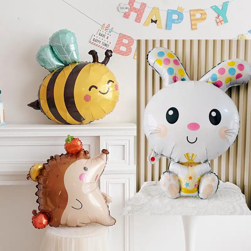 Cartoon Animal Balloons: Rabbit, Bee, Tiger for Kids' First Birthday Party Decoration Scene