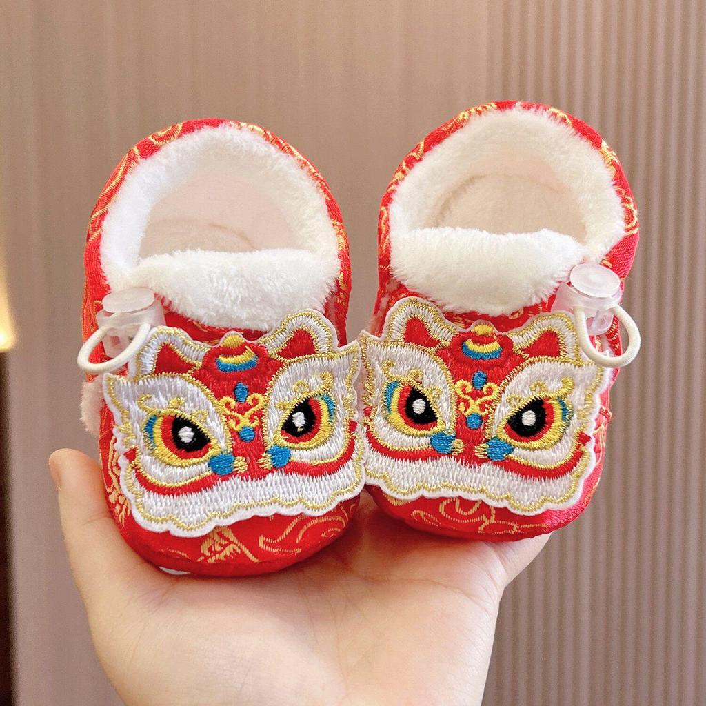 Tiger Head Baby Shoes: Red National Style, Velvet-Lined, Warm, Ideal for 100 Days to One Year Old