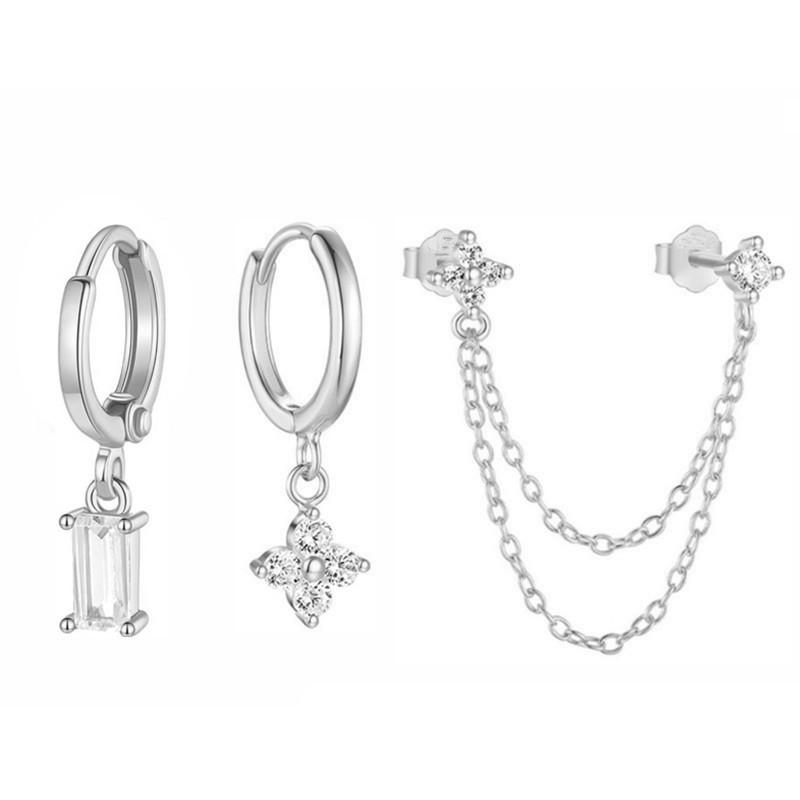 3PCS New Fashion Four Zircon Flower Hoop Earring Set For Women Stainless Steel Double Stud Chain Tassel Huggie Piercing Jewelry
