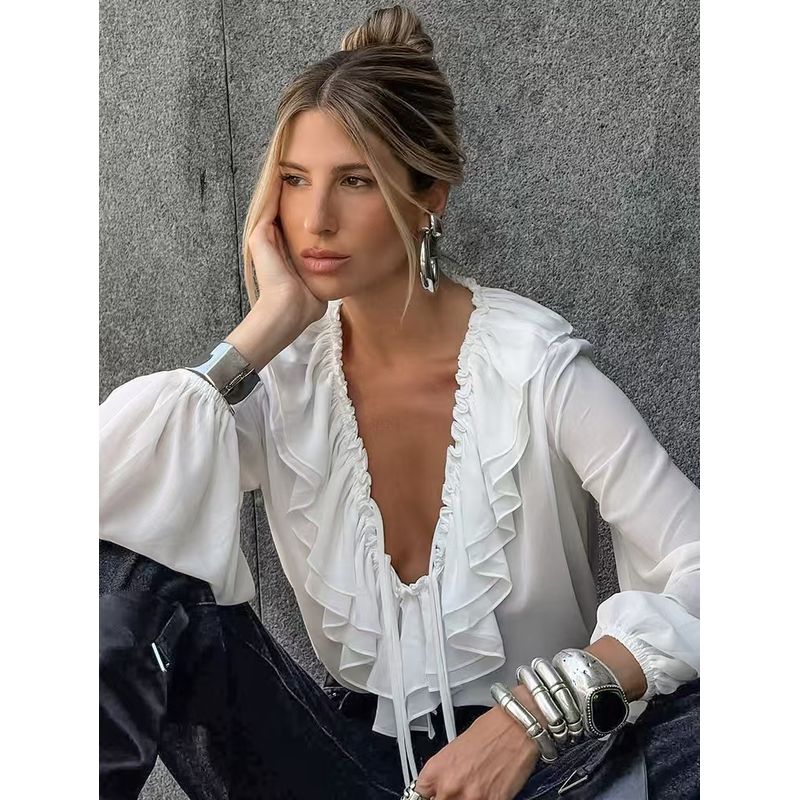 Fashion Fashion V-neck Flounce Lace-up Long Sleeve Shirt Loose Lotus Leaf Lace Up Shirt