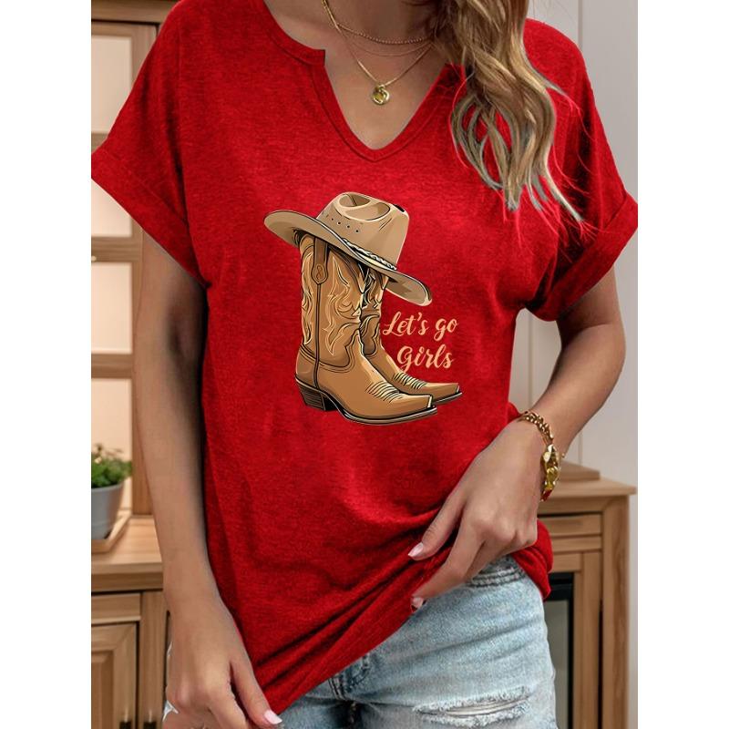 Let's Go Girls Cowboy Boots Letter Print Women T Shirt Short Roll-up Sleeve V-Neck Summer Casual Top T-shirts for Women