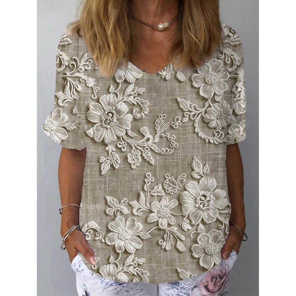 Women's Trendy T-Shirts Flower Graphics Fashion Short Sleeved V-Neck Regular Tops Daily Prints Summer Y2K Casual Tops