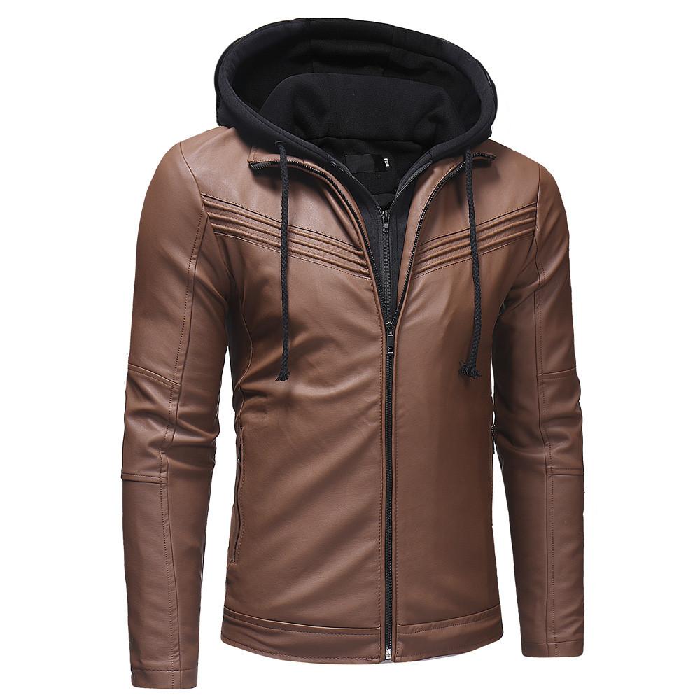 Men's Winter Casual Hooded Leather Zipper Long Sleeve Jacket Coat Tops