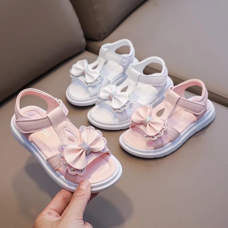 Girl's Sandals 2024 Summer Children's Princess Beach Shoes Students Comfortable Sweet Princess Fashion Shoes Elegant Temperament