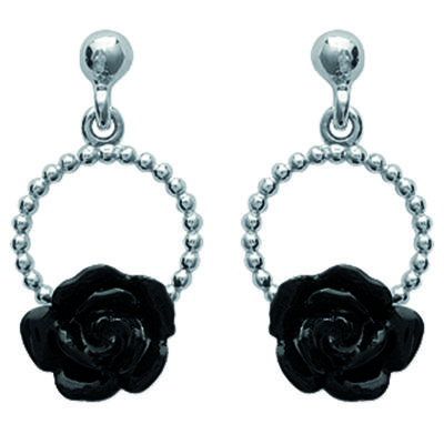 [J3069] - Silver 'Black Rose' Silver Earrings - 23x10 Mm