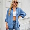 Women's Turn Down Collar Long Sleeve Mid Length Denim Shirt Loose Fit Street Style Denim Blouse