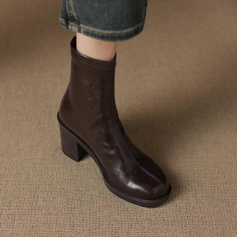 Autumn and Winter Women's High-heeled Leather Boots Solid Color Rubber Sole Versatile Martin Boots Rear Zipper Square Heel Elastic Medium Boots Women