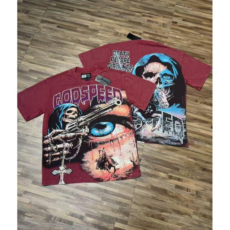 Mens Oversized Graphic Tee With Skull Print Washed Vintage Cotton T-Shirt Loose Fit Short Sleeve Crew Neck
