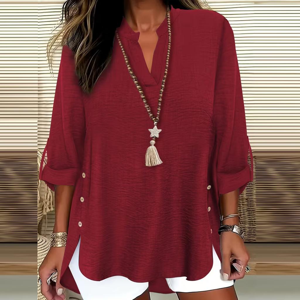 Women's Casual Loose Fit V Neck Mid Sleeve Tunic Top Button Detail Side Slits Lightweight Comfortable Blouse for Everyday Wear