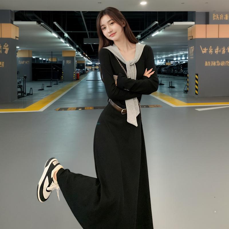 Rochie cu mânecă lungă, tip two-piece fals, simplă și elegantă, cu strângere în talie, rochie cu temperament